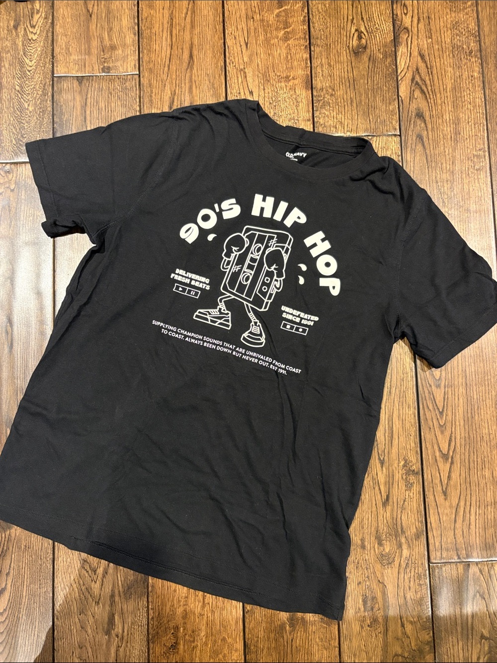 Old Navy Black Tee with White 90's Hip Hop Graphic